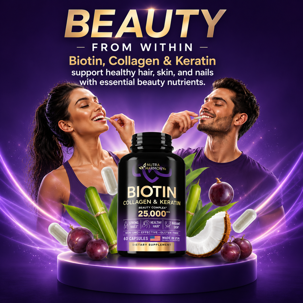 Biotin  Collagen  Hyaluronic Acid  Keratin - Support Normal Hair Growth Cycle - Skin & Nails - 25000mcg Vitamins B1, B2, B3, B6 & B7 - For Women & Men 60 Capsules