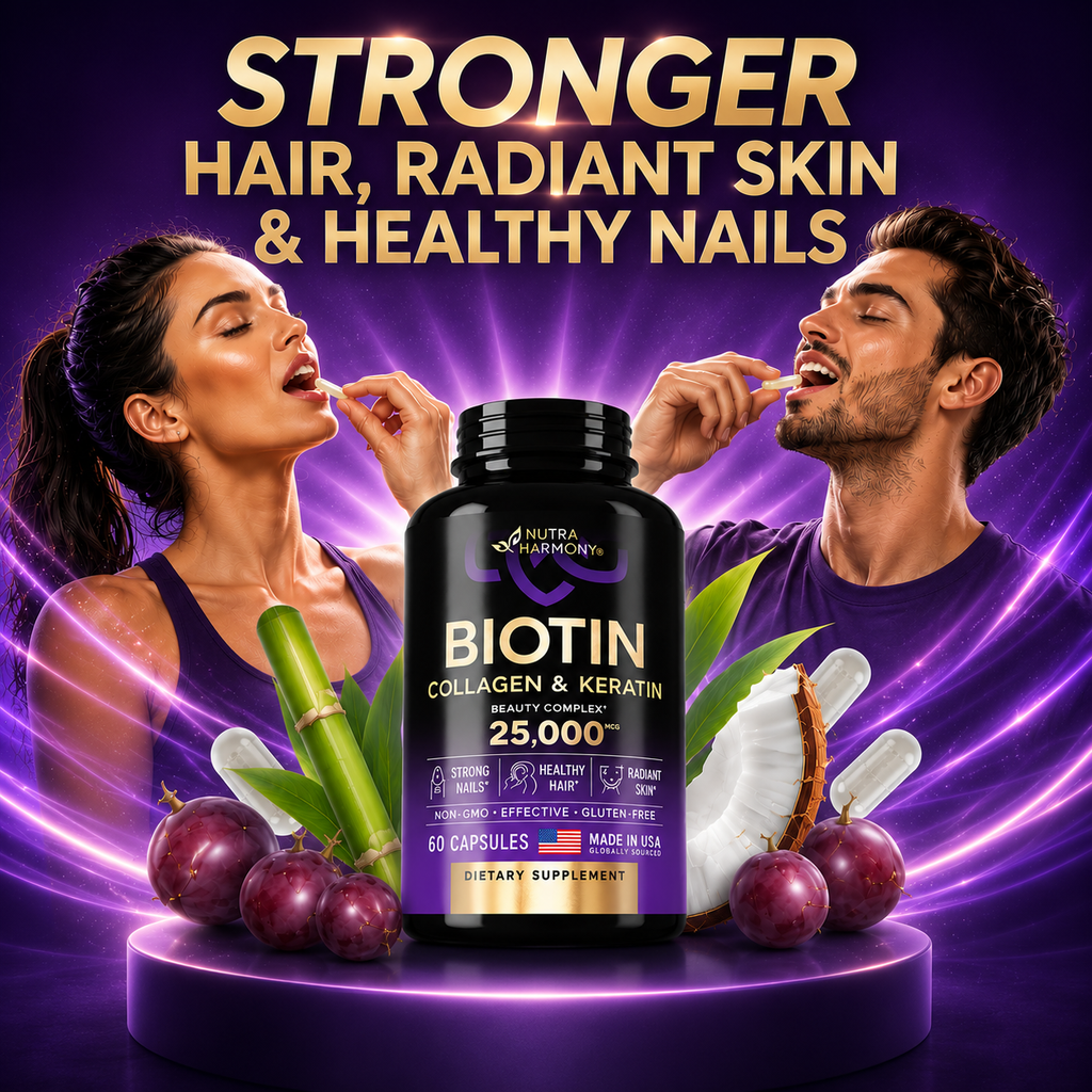 Biotin  Collagen  Hyaluronic Acid  Keratin - Support Normal Hair Growth Cycle - Skin & Nails - 25000mcg Vitamins B1, B2, B3, B6 & B7 - For Women & Men 60 Capsules